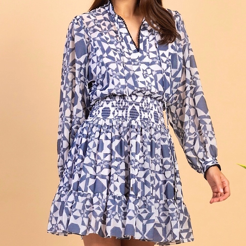 Anthropologie Shoshanna Smocked Waist Geometric Print Tiered Mini Dress NWT 10 - Picture 5 of 10